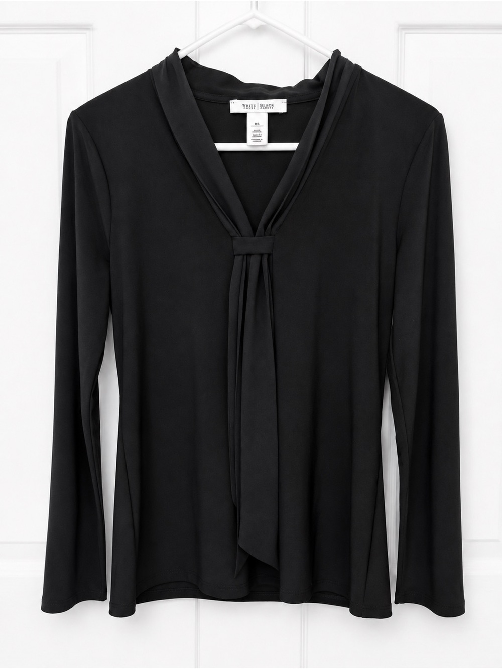 White House Black Market Black Long Sleeve Tie-Front V-Neck Top